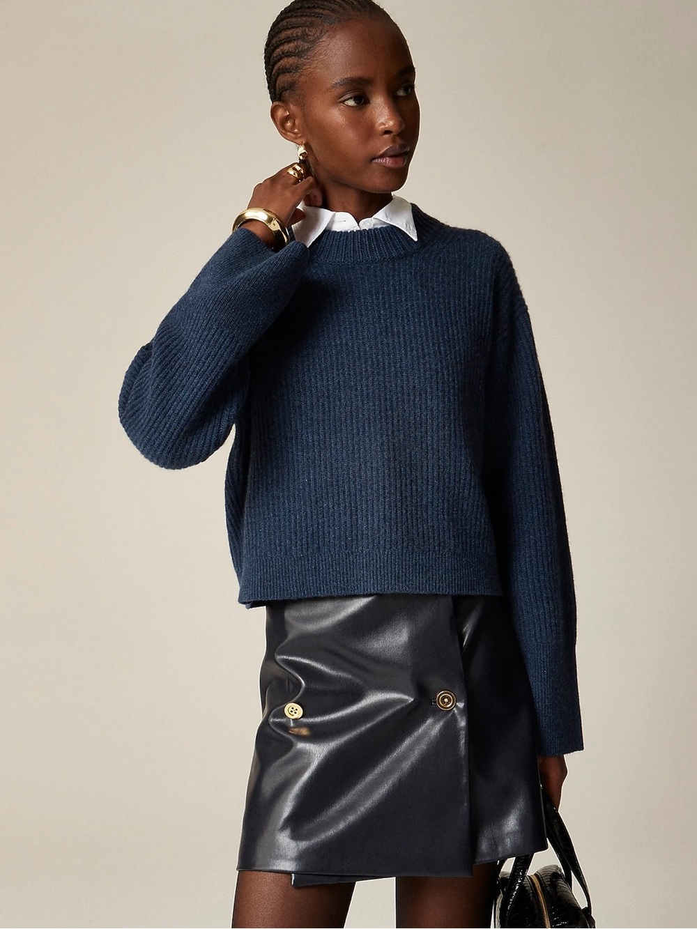 J. Crew Ribbed Cashmere Cropped Crewneck Sweater in Heather Night Sky